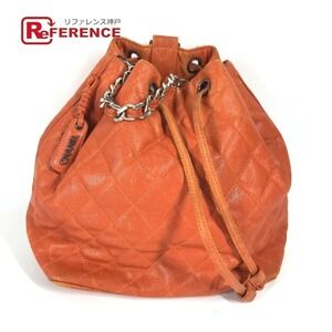 Chanel Matelasse Drawstring Backpack Shoulder Bag Orange Caviar Leather